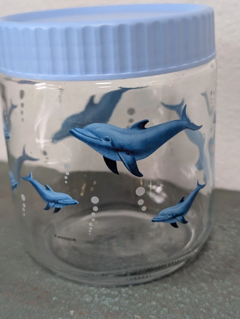 Windsor Blue Dolphins Clear Glass Screw On Lidded Storage Apothecary Candy Jar